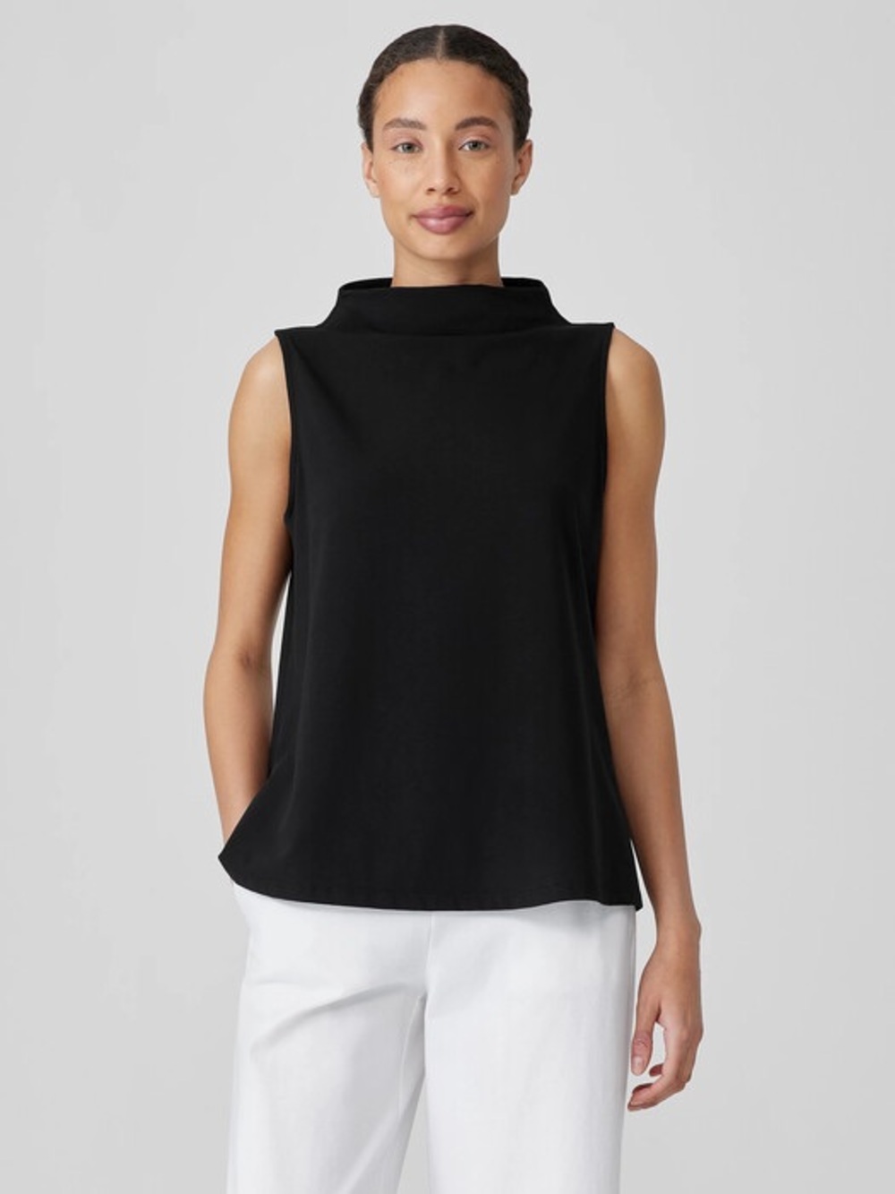 Eileen Fisher Pima Cotton Stretch Jersey Funnel Neck Tank Black Small Sleeveless
